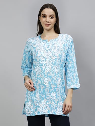 Seva Chikan Hand Embroidered Lucknowi Chikankari Blue Cotton Women's Printed Short Top Tunic (Blue)