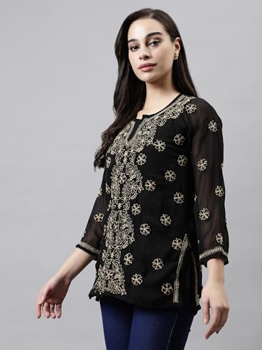 Seva Chikan Hand Embroidered Lucknowi Chikankari Black Georgette Women's Short Top Tunic with Slip (Black)