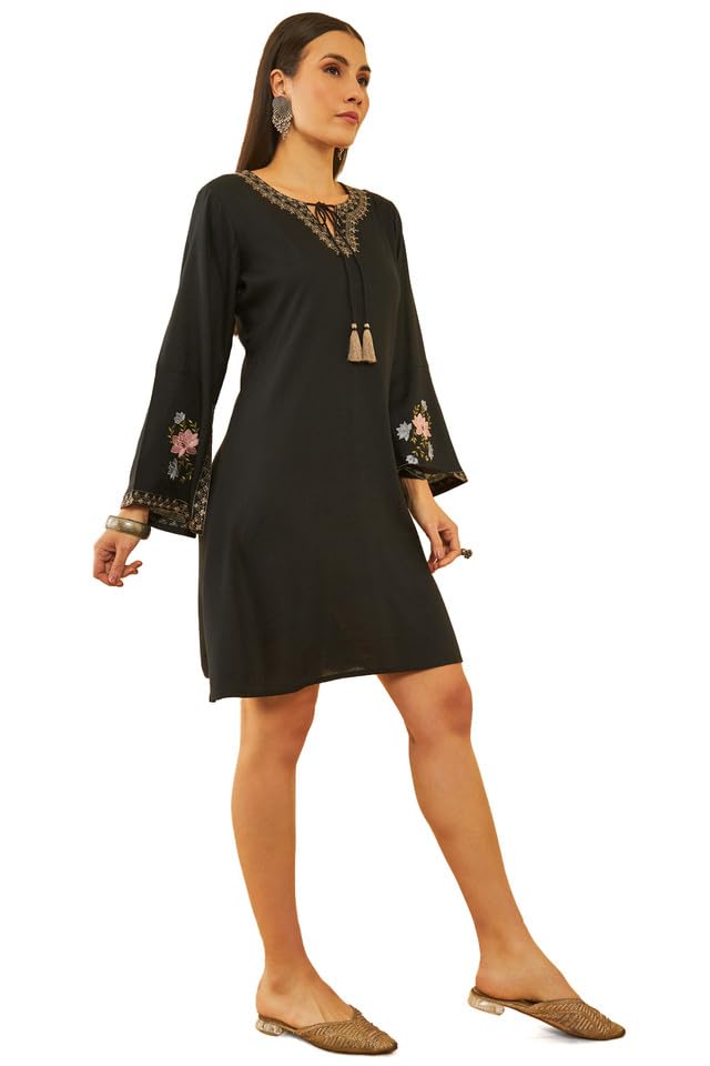 Soch Womens Black Rayon Slub Embroidered Dress with Thread Work(8909058020577)