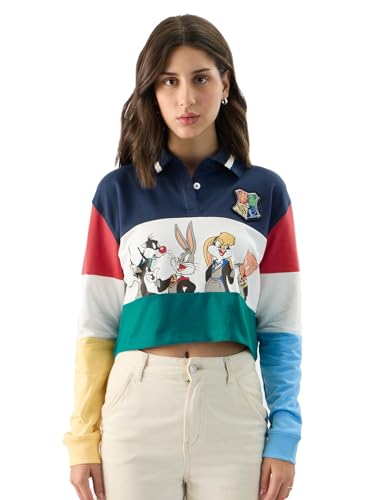 The Souled Store Official Warner 100: The Gang Women and Girls Long Sleeve Collared Neck Graphic Printed Oversized Fit Cropped Rugby Polos Multicolour