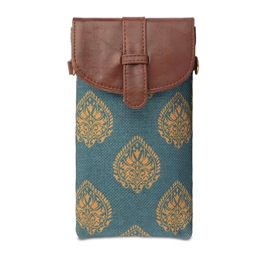 THE CLOWNFISH Flexiflare Series Mobile Sling for Women Printed Handicraft Fabric & Faux leather Casual Ladies Mobile Pouch Crossbody Bag for College Girls (Peacock Blue)