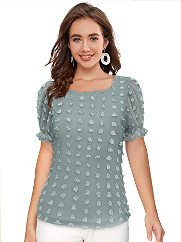 KERI PERRY Women's Dobby Pattern Western Georgette Top (Sea Green) Tops for Women, Puff Sleeve Tops