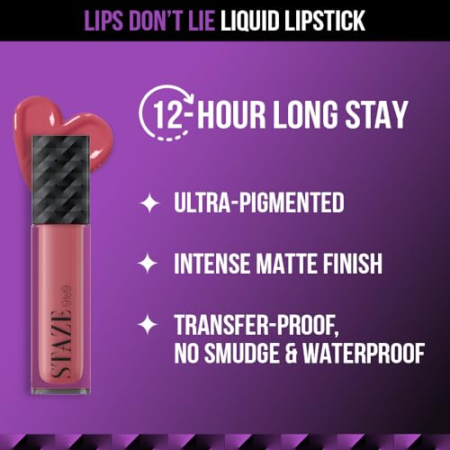 Staze 9to9 Lips Don't Lie Matte + Transferproof Liquid Lipstick |Intense Color Payoff | Lightweight & Comfortable | 12 Hour Long Stay| 11 Nude Attitude | 4 ml