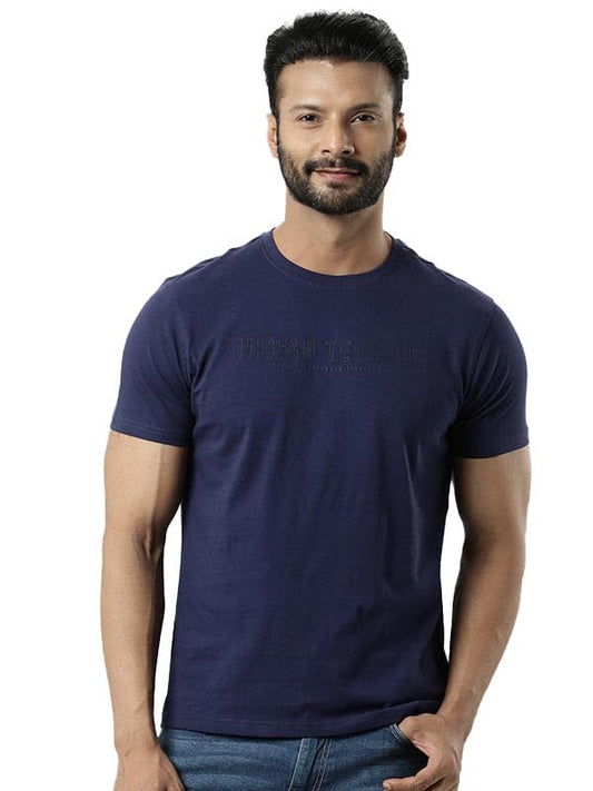 Indian Terrain Mens Solid Blue Crew Neck T-Shirt