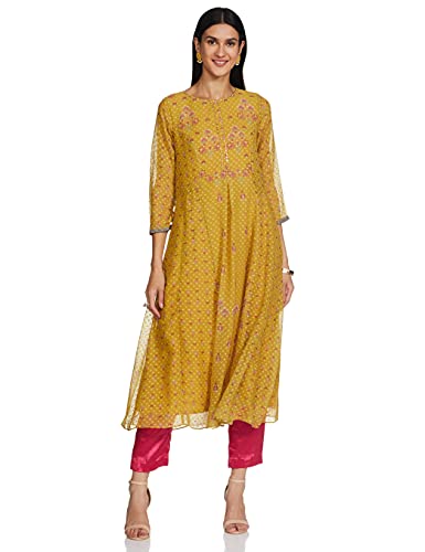 global desi Geometric V Neck Polyester Womens Fit and Flare Dress (Mustard)