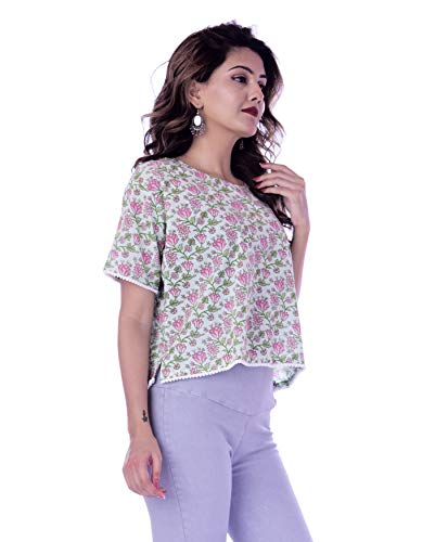 Ravaiyaa - Attitude is everything Cotton Floral Printed Women's Crop Top Tank Top Blouse Short Top (White)