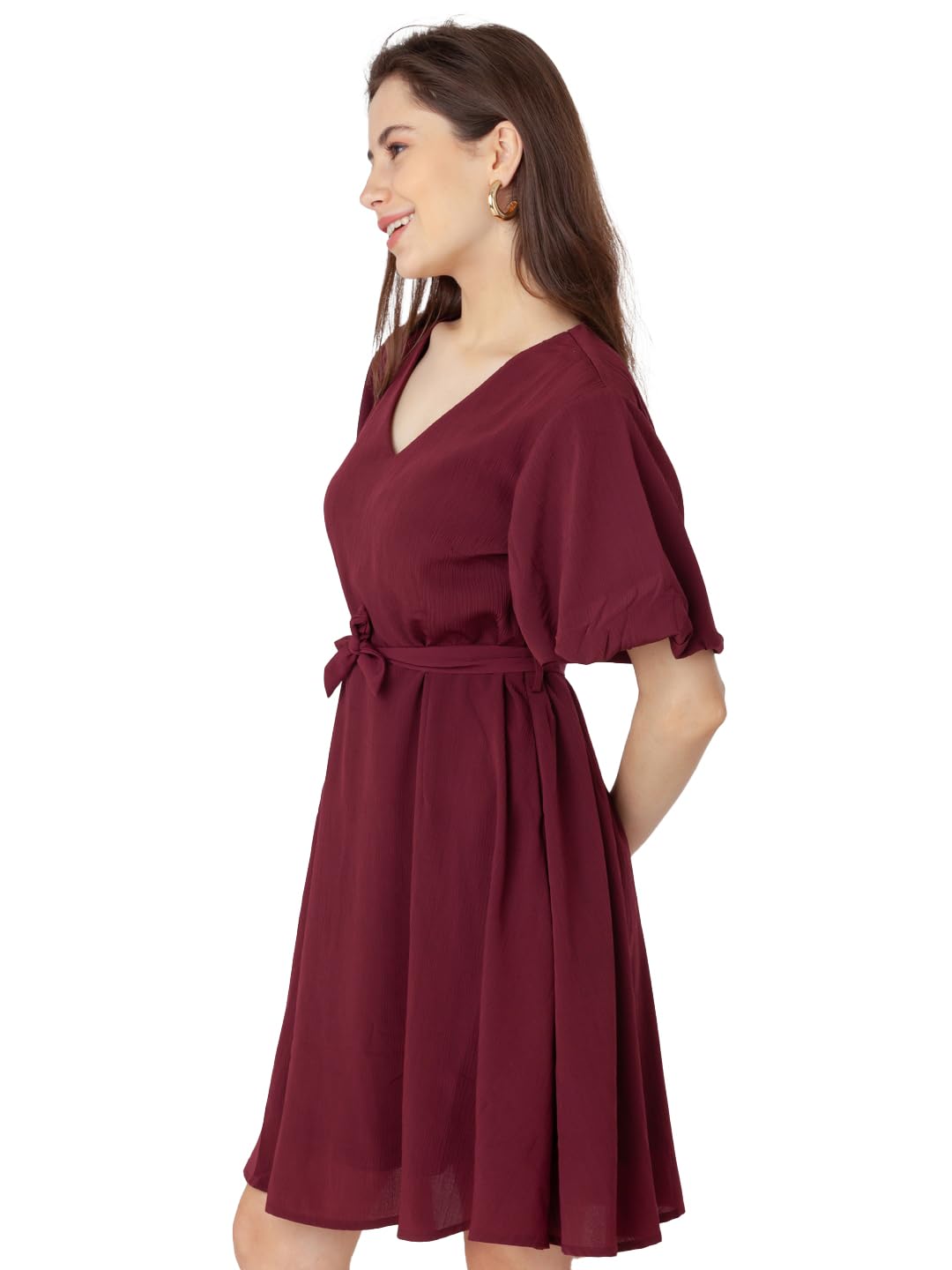 Zink London Women's Maroon Textured Regular Short Dress