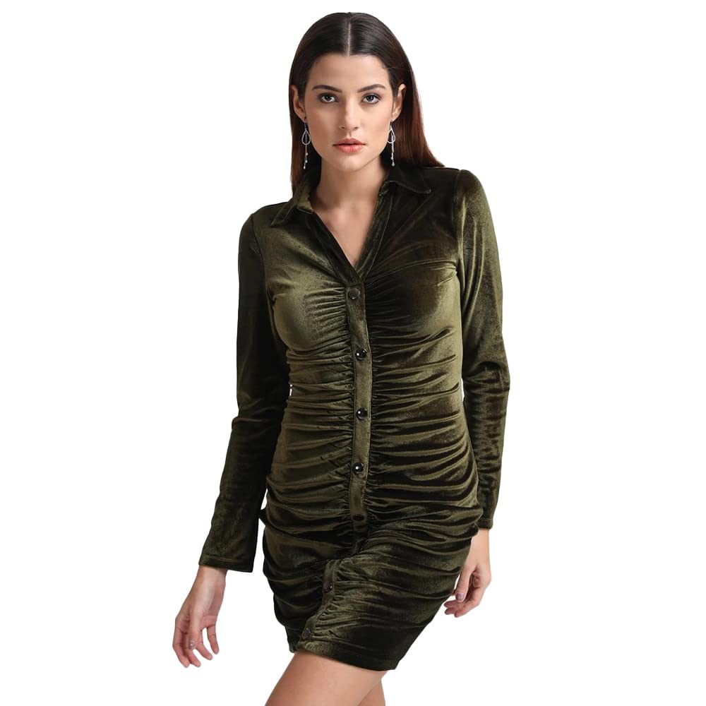 Kazo Embellished Velvet Cowl Neck Womens Mini Dress (Olive)