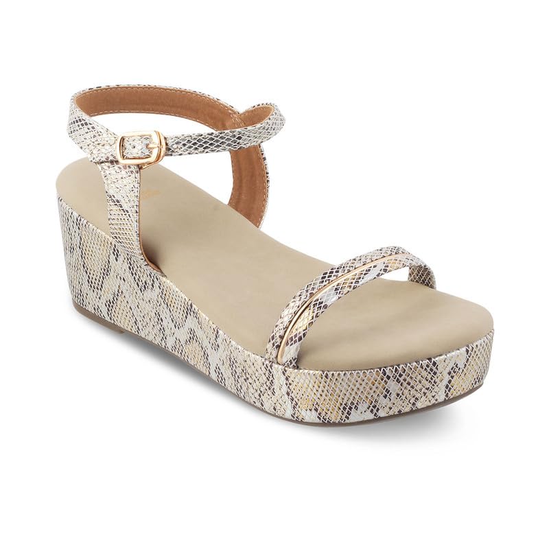tresmode Stylish Snake-Pattern Gold Women's Wedge Sandals Elevate Your Fashion