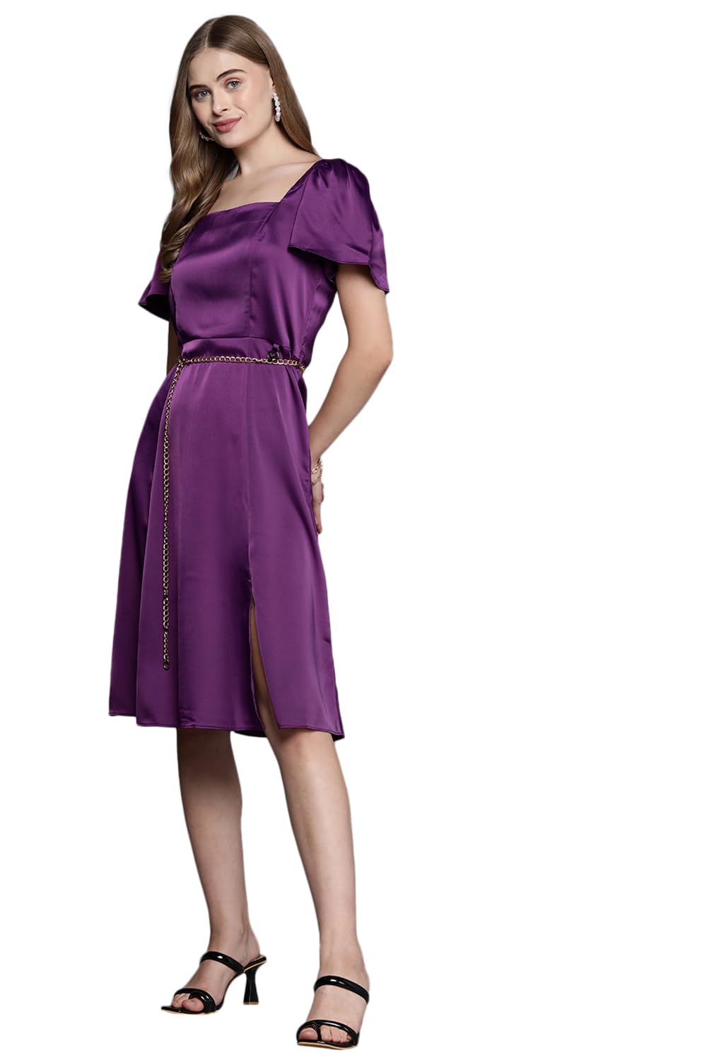 Allen Solly Women's Polyester Modern Calf Length Dress (Purple)