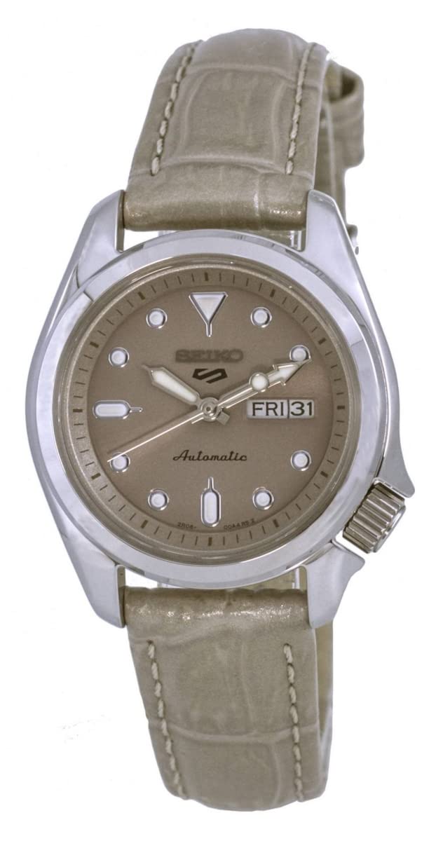 Seiko 5 Ladies Day-Date Automatic Leather Watch, Khaki Gray, Silver