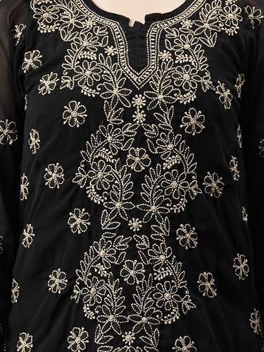 Seva Chikan Hand Embroidered Lucknowi Chikankari Black Georgette Women's Short Top Tunic with Slip (Black)