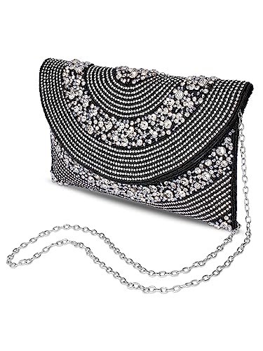 Peora Black Silver Clutch Purses for Women Handmade Evening Handbag Stylish Bridal Fashion Clutch Bag for Girls