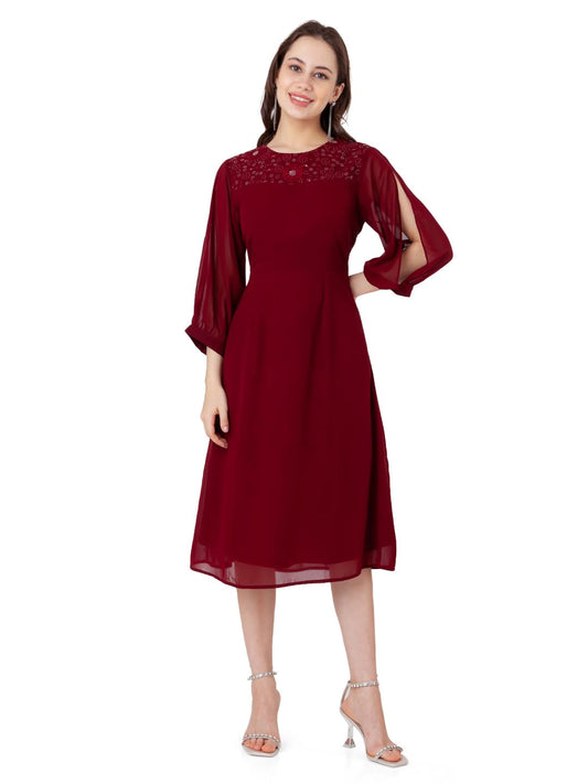 Zink London Women's Maroon Embroidered A-Line Midi Dress