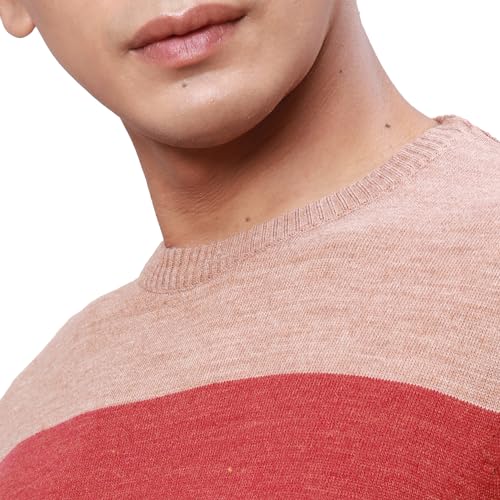 Park Avenue Men's Regular Fit Acrylic Stripe Pattern V Neck Full Sleeve Casual Sweater (Size: 85)-PCWA00264-E2 Light Orange