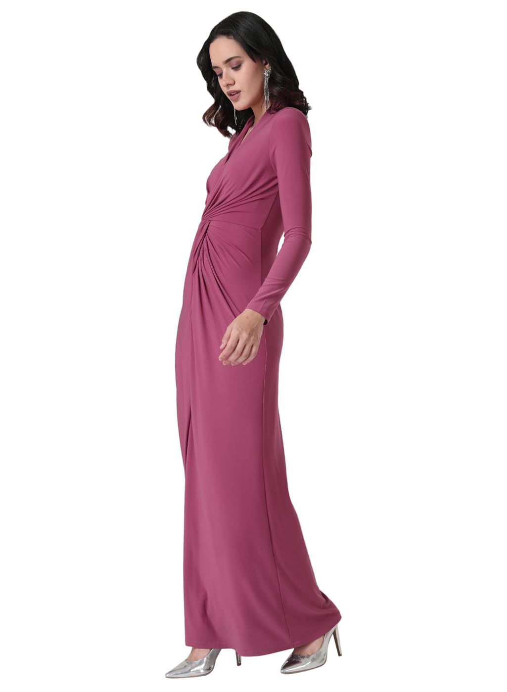 Kazo Solid V Neck Poly Cotton Women's Maxi Dress (Pink)