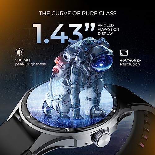 beatXP Vega Neo 1.43” AMOLED Bluetooth Calling Smartwatch with 466 * 466 Pixel, 60 Hz Refresh Rate, 500 Nits, Always on Display, Health Tracking, 100+ Sports Modes (Black Strap, 1.43)