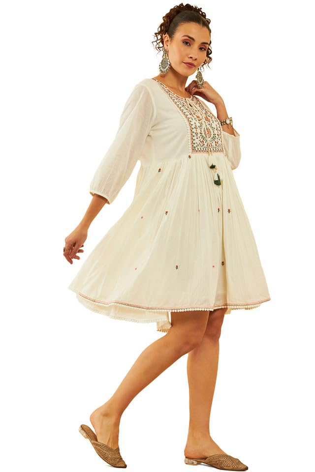 Soch Womens White Cotton Embroidered Dress with Sequins(8909058011193)