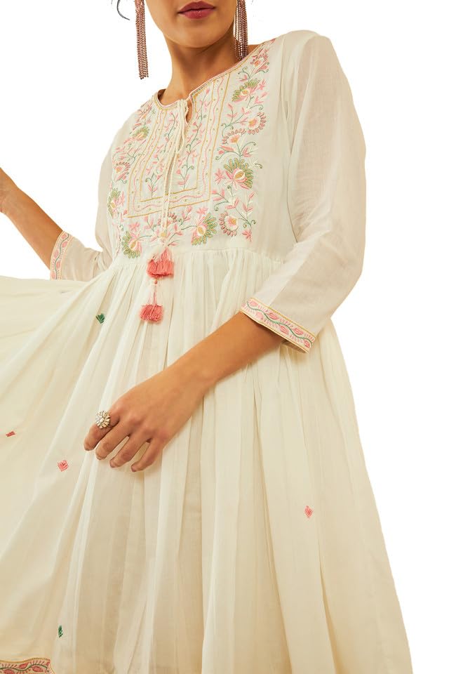 Soch Womens White Cotton Embroidered Dress with Thread Work(8909058011391)