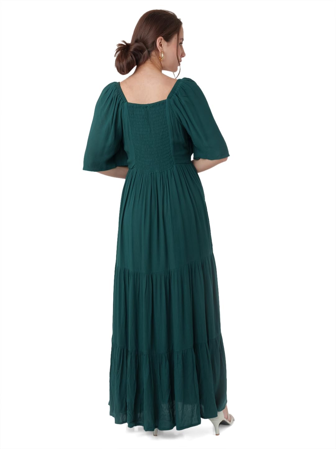 Zink London Women's Dark Cedar Solid Tiered Maxi Dress Green