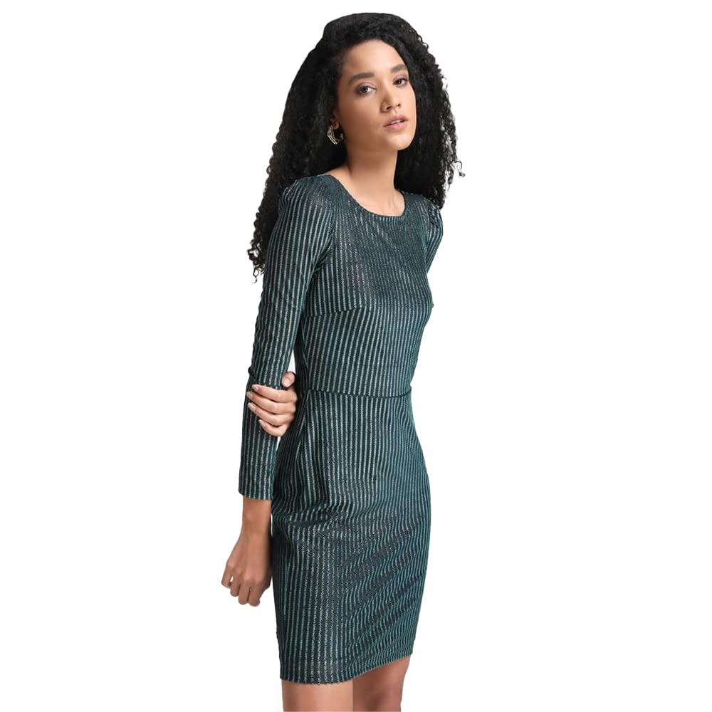 Kazo Stripes Satin Boat Neck Women's Mini Dress (Green)