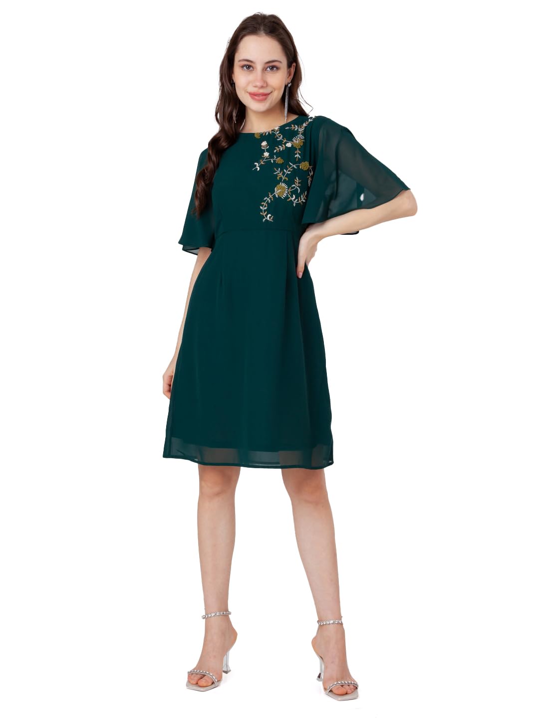 Zink London Women's Green Embroidered A-Line Short Dress