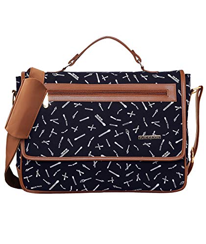 Funk For Hire Printed Flap Closure Cotton Canvas And Faux Leather Laptop Sling Bag Fit Up To 17" Screen (Dark Navy Blue)