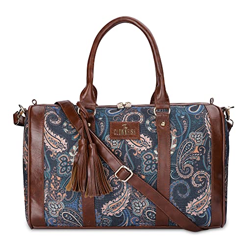 THE CLOWNFISH Lorna Printed Handicraft Fabric & Faux Leather Handbag Sling Bag for Women Office Bag Ladies Shoulder Bag Tote For Women College Girls (Peacock Blue-Floral)