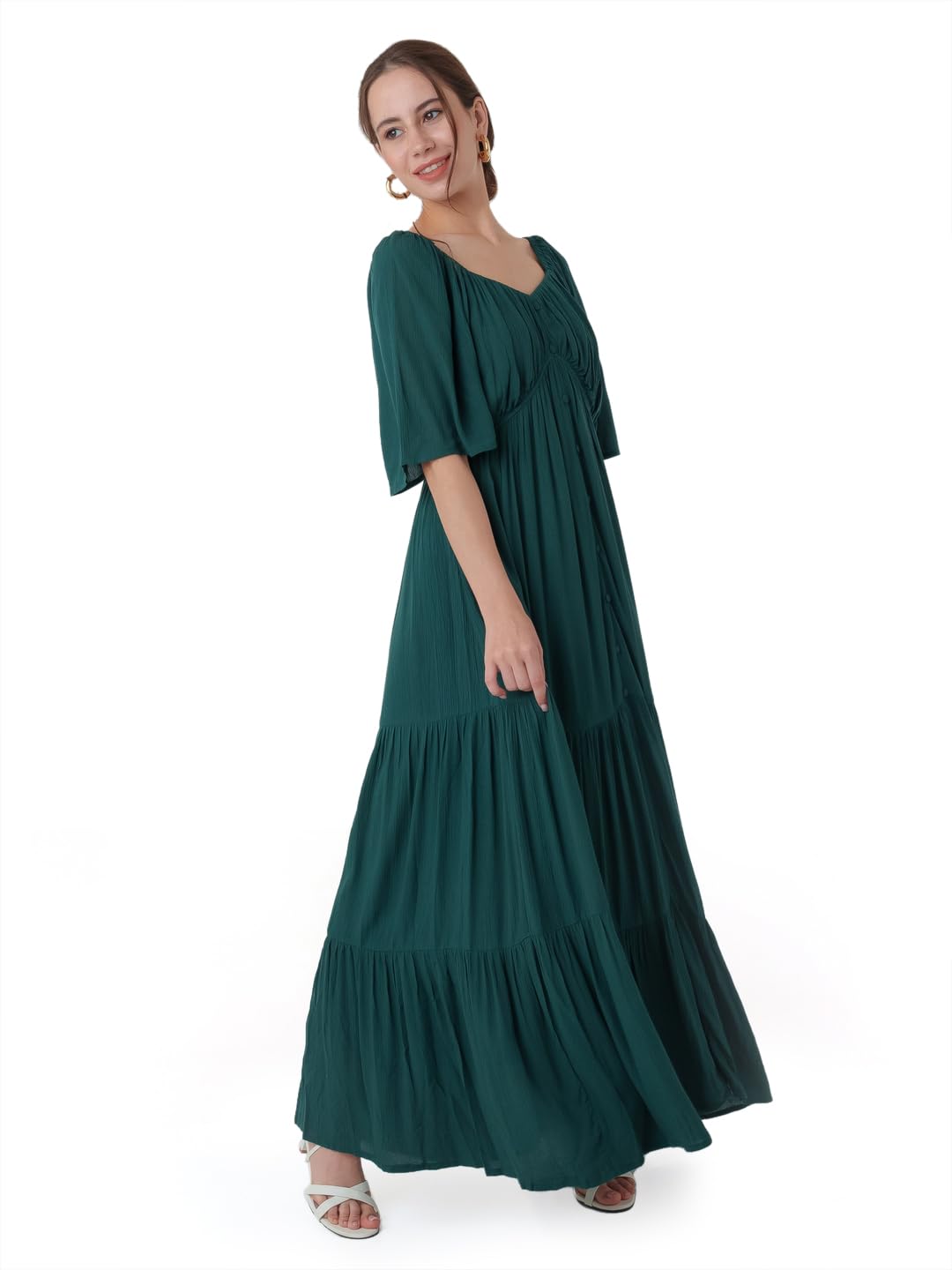 Zink London Women's Dark Cedar Solid Tiered Maxi Dress Green