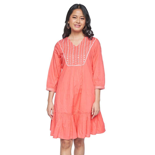 global desi Solid Cotton V Neck Womens Flared Dress (Coral)