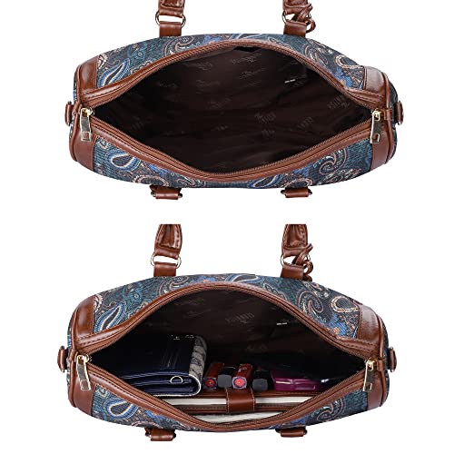 THE CLOWNFISH Lorna Printed Handicraft Fabric & Faux Leather Handbag Sling Bag for Women Office Bag Ladies Shoulder Bag Tote For Women College Girls (Peacock Blue-Floral)