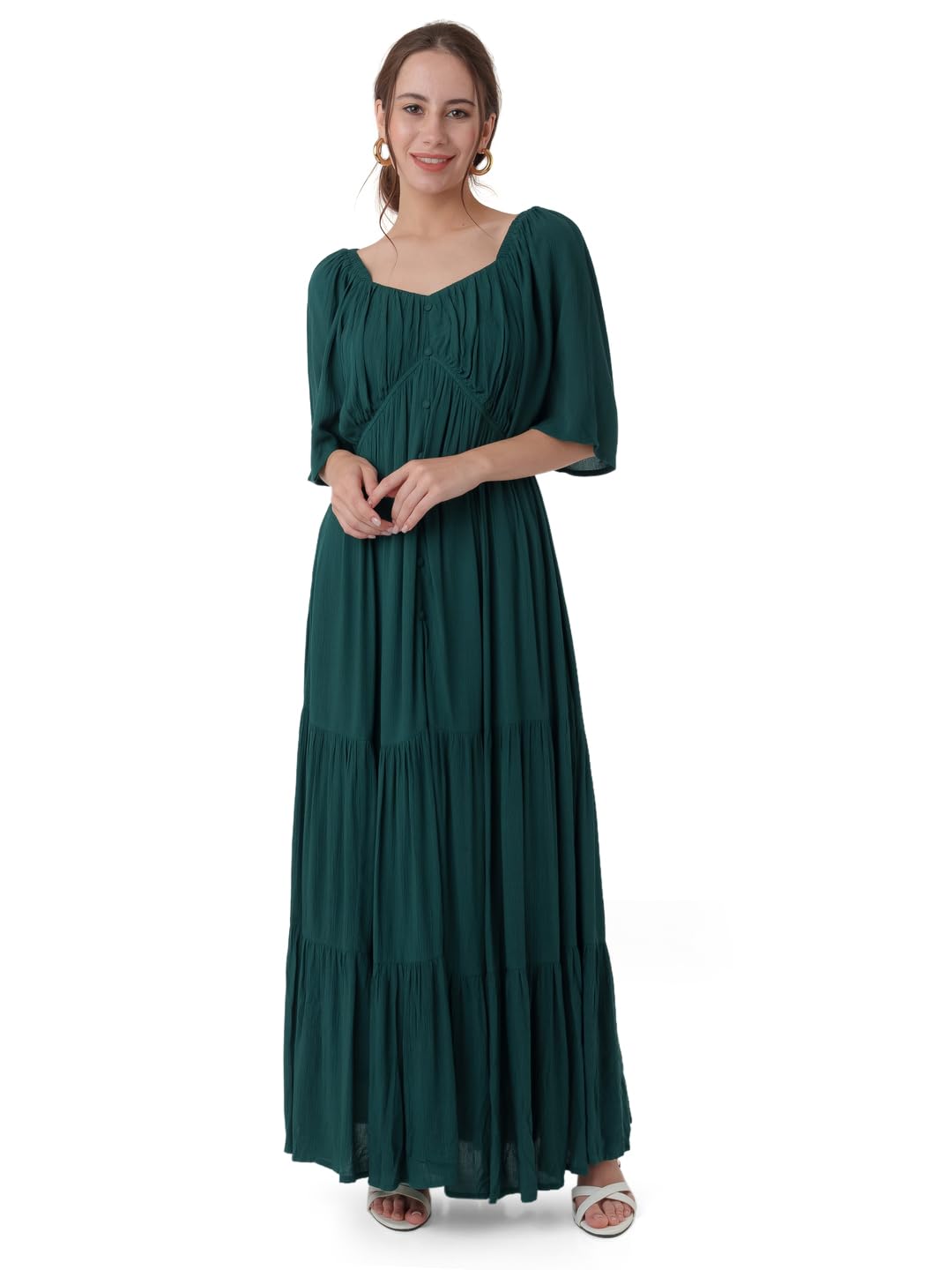 Zink London Women's Dark Cedar Solid Tiered Maxi Dress Green