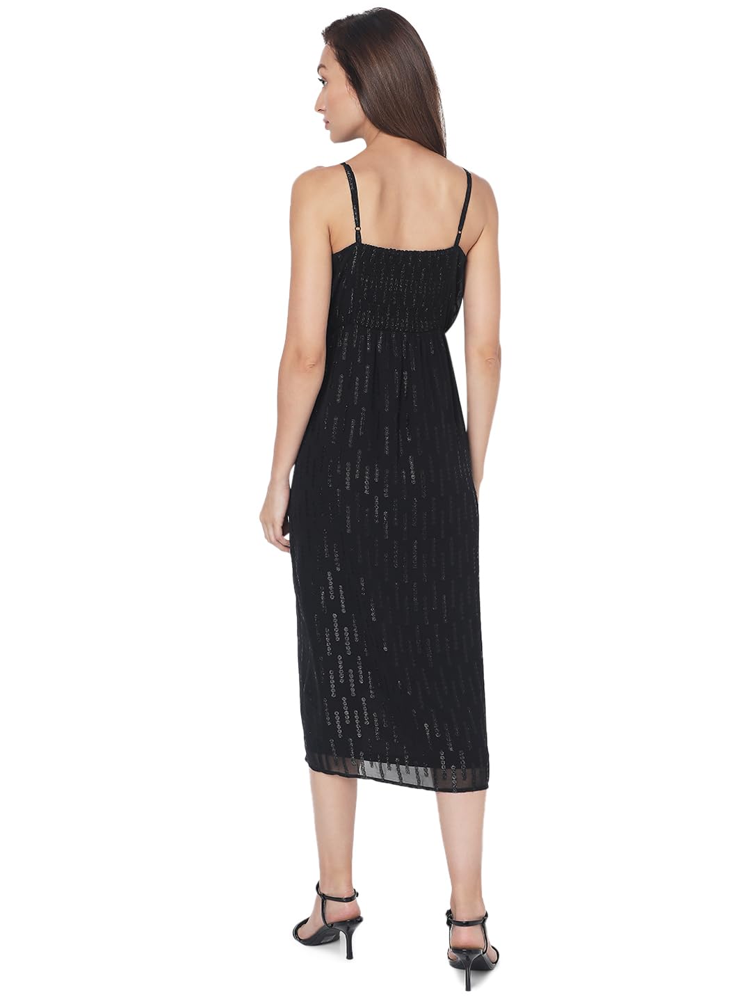 VERO MODA Women's Polyester Fit and Flare Midi Dress (Jet Black)