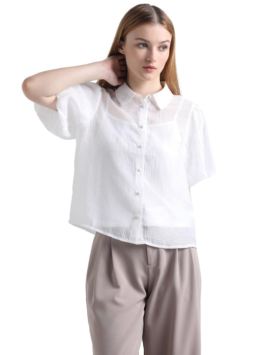 ONLY Women's Solid Slim Fit Shirt (15326583-Snow White_Snow