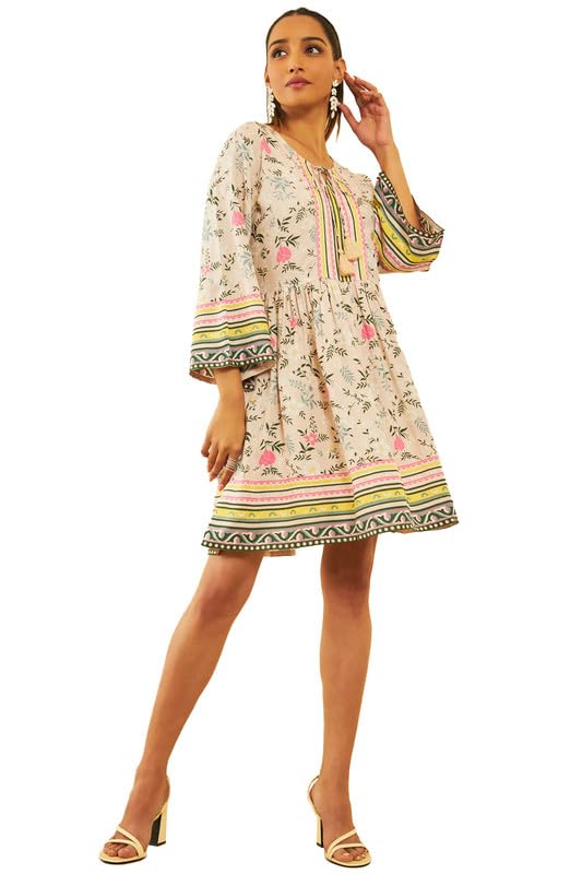 Soch Womens Beige Rayon Floral Print Dress with Tassels