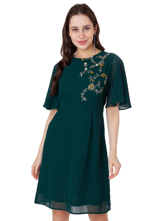 Zink London Women's Green Embroidered A-Line Short Dress