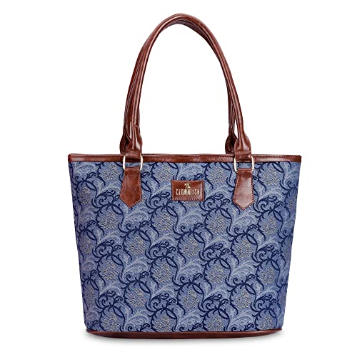 THE CLOWNFISH Justina Tapestry Fabric & Faux Leather Handbag for Women Office Bag Ladies Shoulder Bag Tote For Women College Girls (Blue-Floral)