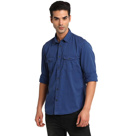Indian Terrain Mens Solid Blue Long Sleeve Casual Shirt