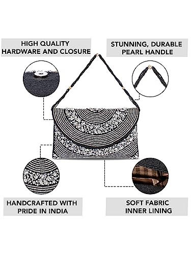 Peora Black Silver Clutch Purses for Women Handmade Evening Handbag Stylish Bridal Fashion Clutch Bag for Girls