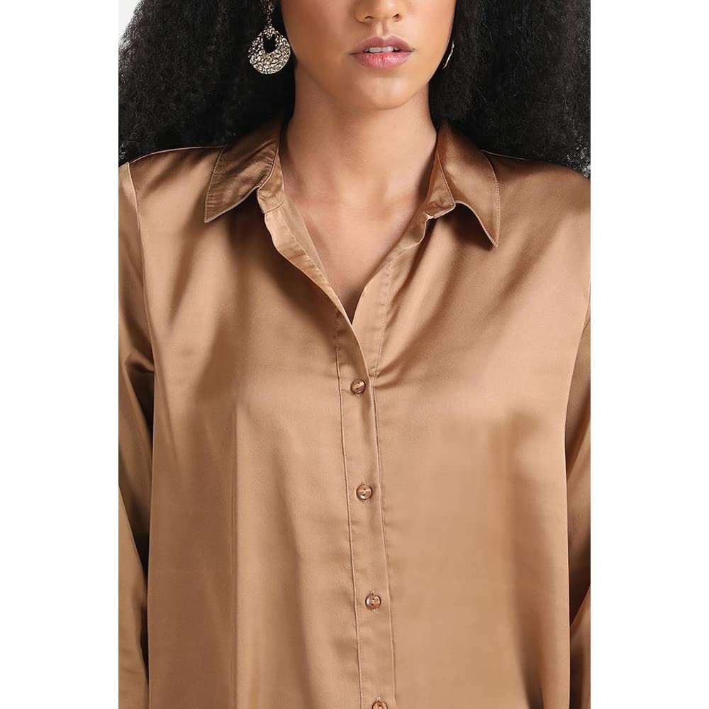 Kazo Solid Satin Collar Neck Women's Formal Shirt (Brown,Extra Small)