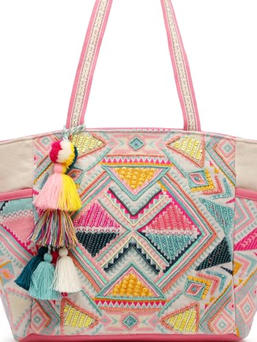 Anekaant Kooky Natural & Multi Boho Geometric Embellished Handloom Cotton Jacquard Tote Bag