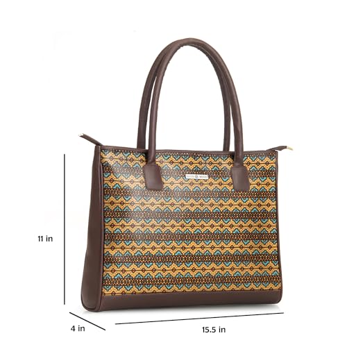 SACCI MUCCI Women's Tote Bag | Large Capacity Tote Bags For Women with Padded Laptop Compartment | Big Shoulder Bag for Office-EthnicTraditional Print (Brown)