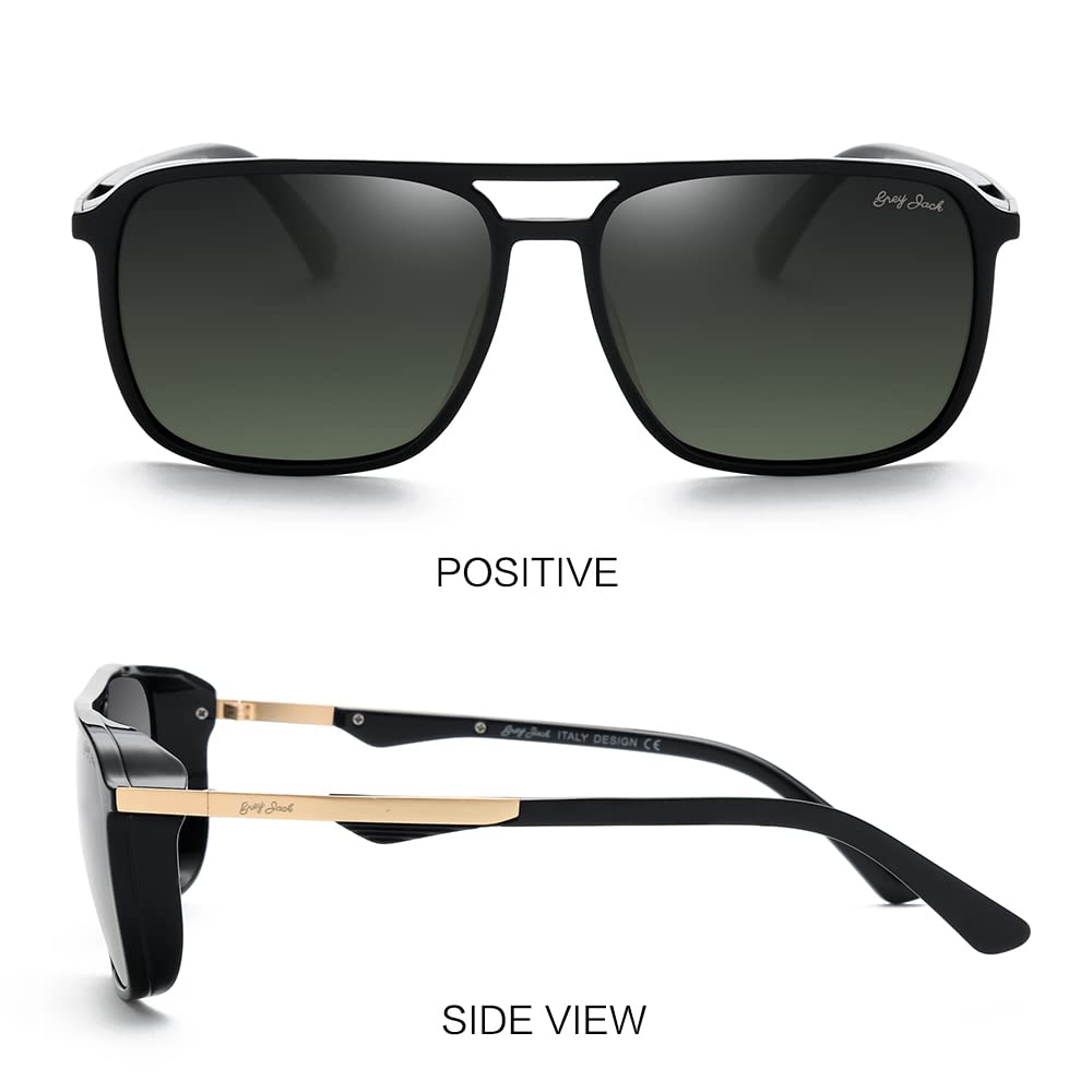 grey jack Rectangle UV400 Protected Polarized Sunglasses for Men Women Shine Black Gold Frame Double Green Lens