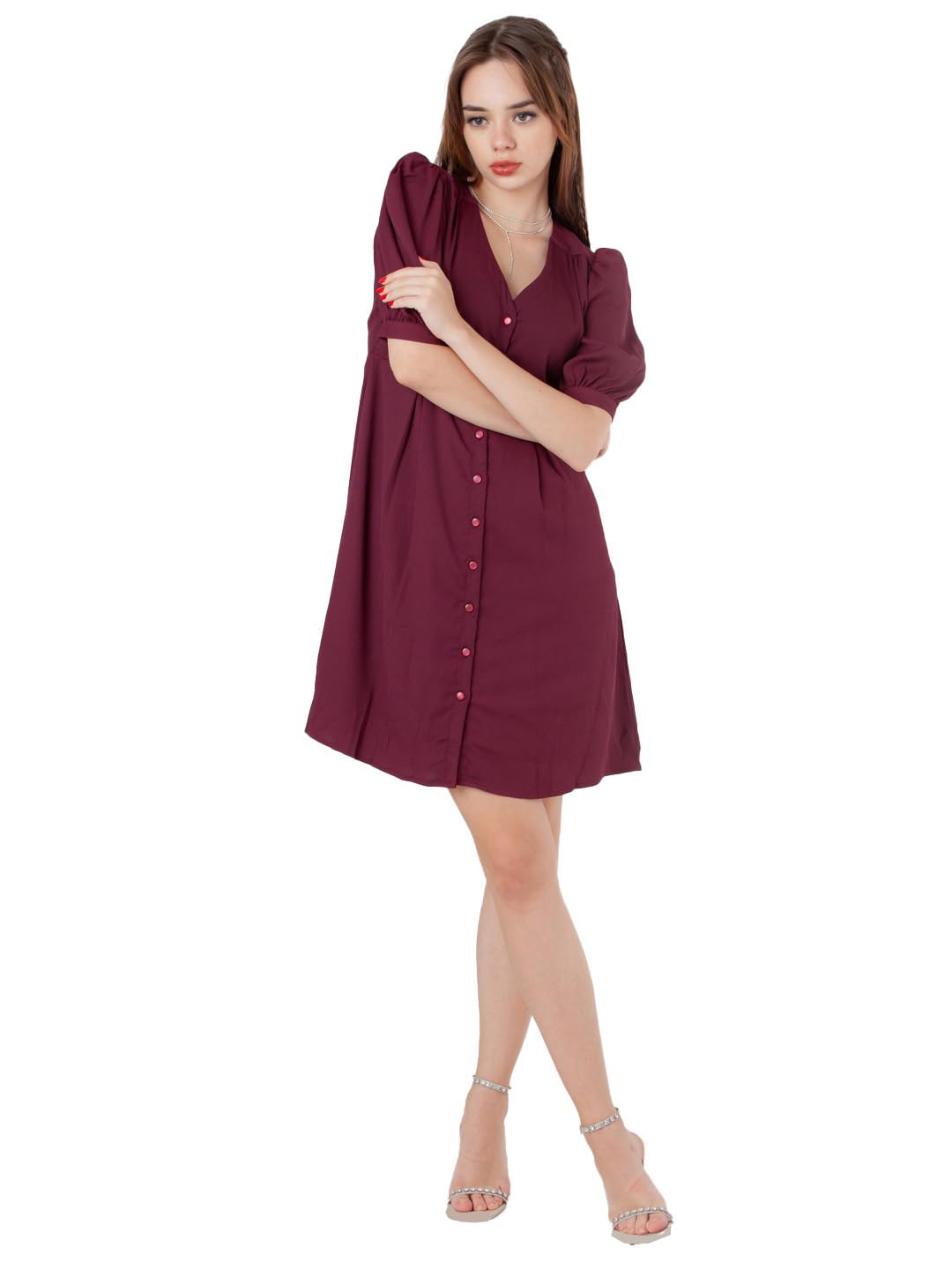 Zink London Women's Maroon Solid Regular Short Dress