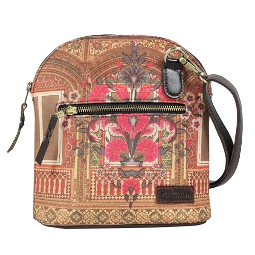 Fatfatiya Poly Canvas & Vegan Leather Ethnic Haveli Flower Design Cross Body Bag for Women and Girls |Stylish Vegan Leather Ladies Purse with Zipper | Elevate Your Look