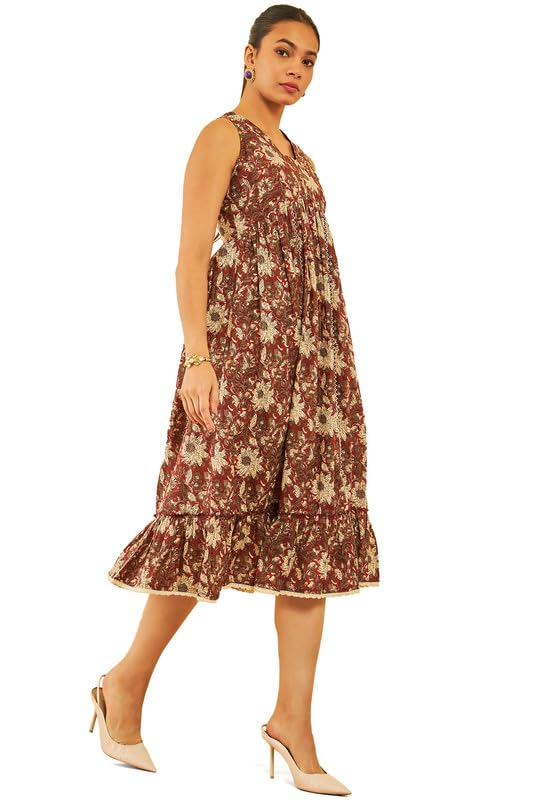 Soch Womens Maroon Cotton Floral Print Dress