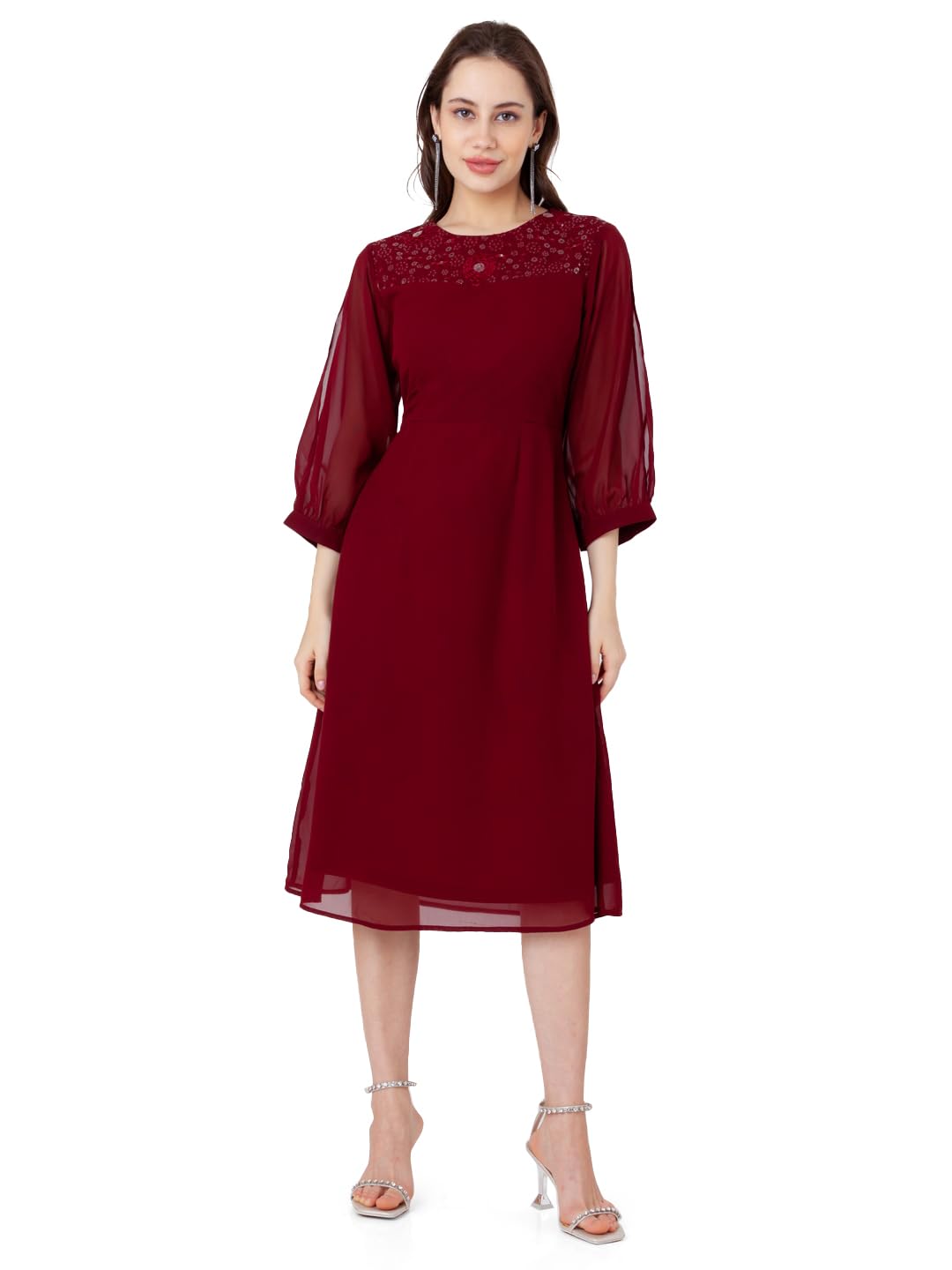 Zink London Women's Maroon Embroidered A-Line Midi Dress