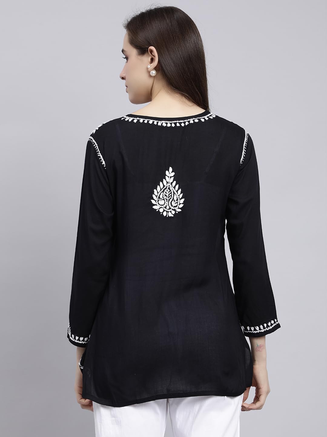 Seva Chikan Hand Embroidered Black Modal Lucknowi Chikankari Top (Black)