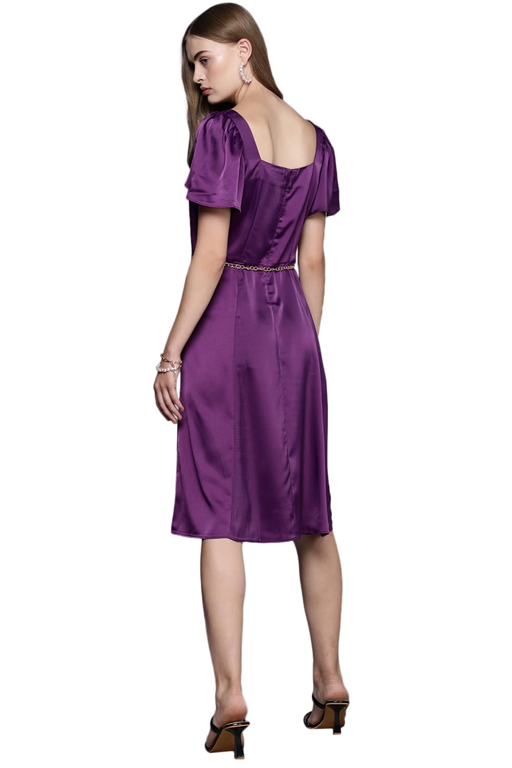 Allen Solly Women's Polyester Modern Calf Length Dress (Purple)