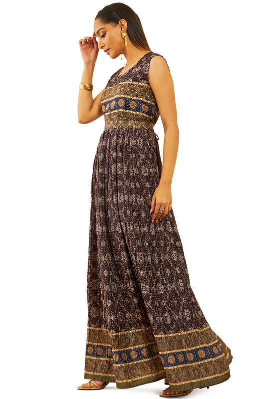 Soch Womens Charcoal Art Silk Bandhani Print Dress with Sequins